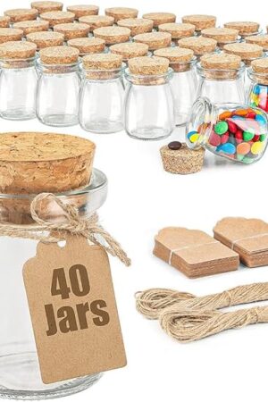 40 Pack Glass Favor Jars with Cork Lid, 3.4 oz Small Glass Bottles for Wedding Favor, Baby Shower, Party Favor, Gift Jars for Candy, Bonus Twine and Labels