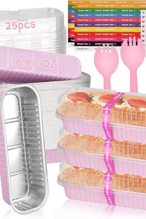 25 Pack Mini Loaf Pans Mini Cake Pans with Lids and Spoons Sealing Sticker, 6.8oz Rectangle Aluminum Foil Baking Pans Disposable Loaf Cake Pan for Baking (Pink)