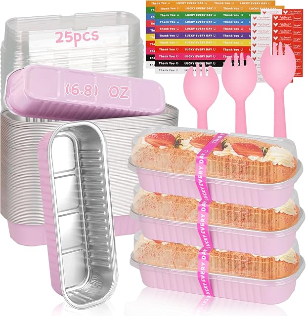 25 Pack Mini Loaf Pans Mini Cake Pans with Lids and Spoons Sealing Sticker, 6.8oz Rectangle Aluminum Foil Baking Pans Disposable Loaf Cake Pan for Baking (Pink)