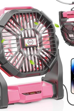 15000mAh Portable Battery Powered Camping Fan - with LED Light, Quiet Battery Operated, Camping Gear for Travel, Tent, Beach, Car or Hurricane Power Outages, Pink