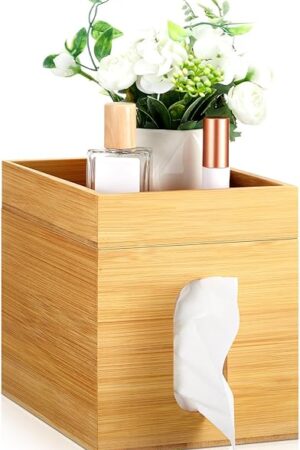Bamboo Tissue Box Cover with Storage Tray 6" x 6" x 7.4" Square Tissue Box Holder Decorative Cube Facial Tissue Holder for Bathroom Tissue Box Organizer for Office Toilet Bedroom Table