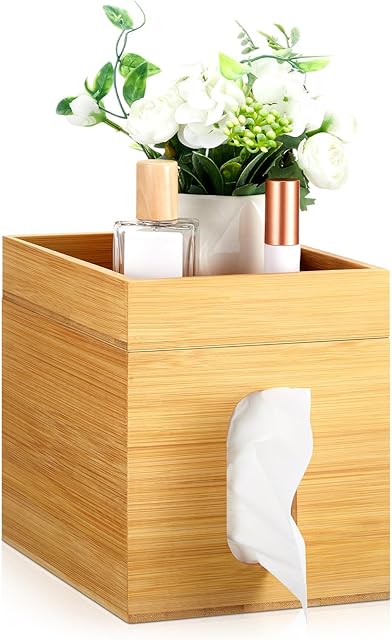 Bamboo Tissue Box Cover with Storage Tray 6" x 6" x 7.4" Square Tissue Box Holder Decorative Cube Facial Tissue Holder for Bathroom Tissue Box Organizer for Office Toilet Bedroom Table