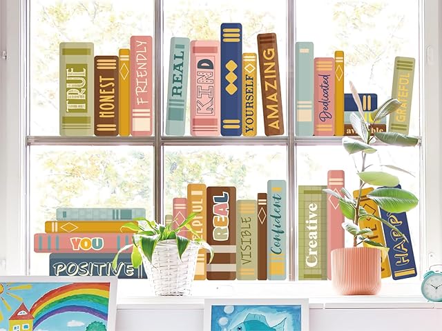 Boho Book Window Clings Inspirational Window Stickers Double Sided Motivational Glass Decals for Classroom Library Nursery Decor, 6 Sheet