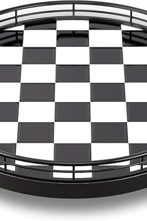 10.2-Inch Black & White Checkerboard Lazy Susan Organizer – Rotating Serving Tray with Oak Base, Iron Frame, & Ceramic Tile –Perfect for Dining Table, Kitchen Cabinet, Bathroom Countertop, Home Décor