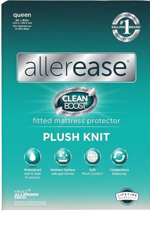 AllerEase CleanBoost Plush Knit Soft Waterproof Mattress Protector Queen Size Allergen Barrier Temperature Balancing Machine Washable Mattress Cover with Elastic Anchor Bands Mattress Cover (White)