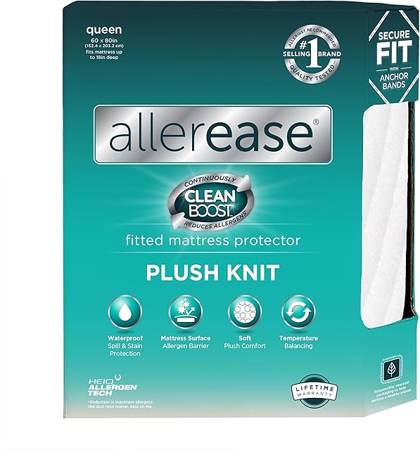 AllerEase CleanBoost Plush Knit Soft Waterproof Mattress Protector Queen Size Allergen Barrier Temperature Balancing Machine Washable Mattress Cover with Elastic Anchor Bands Mattress Cover (White)