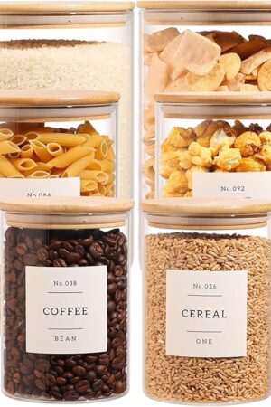 6-Pack Borosilicate Glass Storage Jars with Bamboo Lids + 132 Pre-Printed Pantry Labels Included, BPA-Free Thicken Airtight Containers for Flour, Sugar, Rice, Microwave & Freezer Safe(100OZ/54OZ/27OZ)