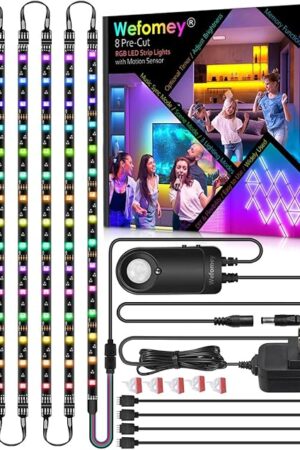 8 PCS RGB Under Cabinet Lighting Kit, 12v Motion Sensor LED Light Strip with Remote, ETL Listed Power Adapter, Music Sync Color Changing Led Lights for Shelves, Cabinet, Counter, Bookcase, 13ft