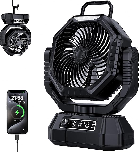 AJVV Campin Fan Dual Motor Rotation High Wind Black | Portable Fans Rechargeable with LED Light, 20000mAh, Remote Control, 13 Speeds for Indoor, Outdoor, Home, Tent, Fishing, Camping