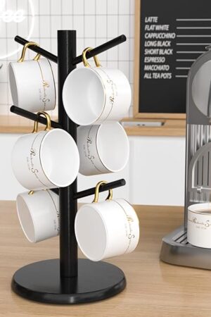 Wisuce Black Coffee Mug Tree Bamboo Mug Holder Coffee Cup Stand Mug Holders for Countertop Coffee Mug Rack Organizer Stand (Black Basic)