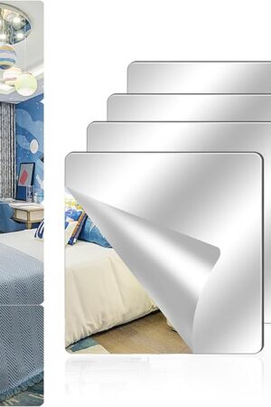 4 Pack Acrylic Mirrors for Wall,8" x 8" Self Adhesive Frameless Small Mirror Tiles, Flexible Plastic Mirror Sheets for Home Wall Decor Bedroom Gym DIY (4, 8" x 8")