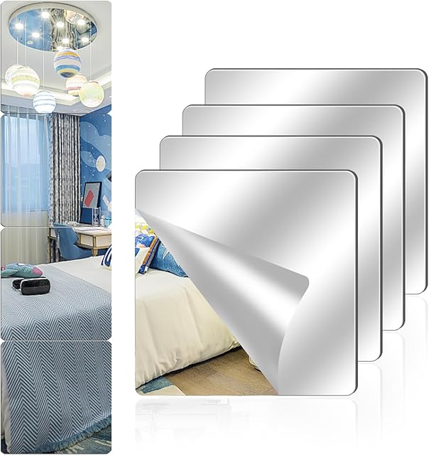 4 Pack Acrylic Mirrors for Wall,8" x 8" Self Adhesive Frameless Small Mirror Tiles, Flexible Plastic Mirror Sheets for Home Wall Decor Bedroom Gym DIY (4, 8" x 8")