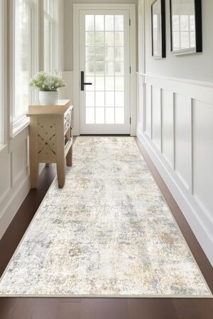 Capslpad 2x8 Modern Abstract Washable Runner Rug, Light Beige Non-Slip Runners for Hallways, Low Pile Kitchen Runner Rug, Ultra Soft Print Distressed Faux Wool Rug for Entryway, Bedroom, Laundry