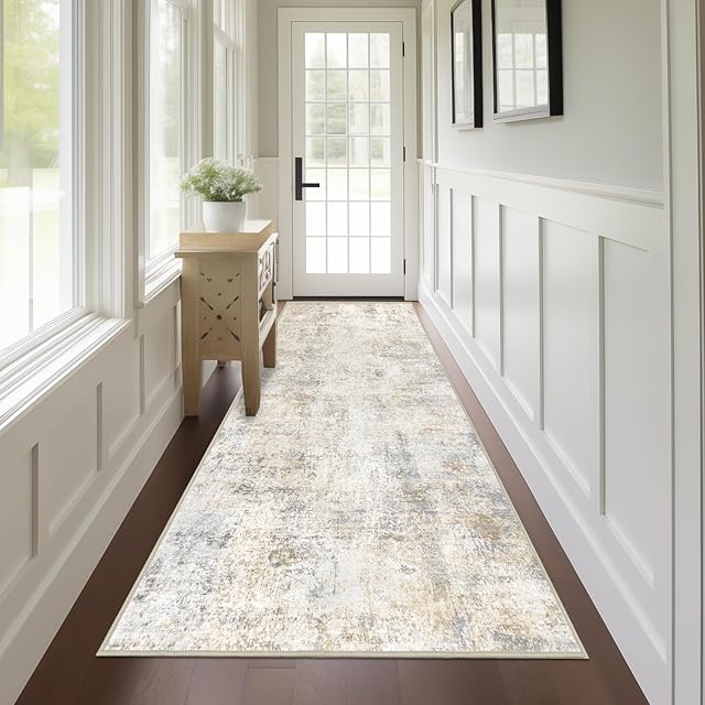 Capslpad 2x8 Modern Abstract Washable Runner Rug, Light Beige Non-Slip Runners for Hallways, Low Pile Kitchen Runner Rug, Ultra Soft Print Distressed Faux Wool Rug for Entryway, Bedroom, Laundry