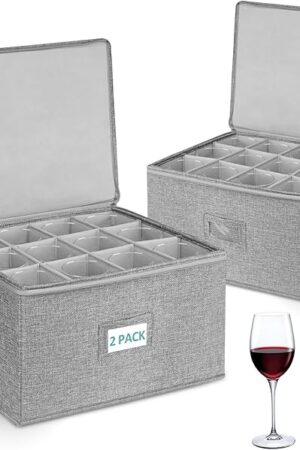 Cirhy Wine Glass Storage Box, Stackable Rigid-Shell Glassware Storage Containers with Dividers & Handles, Holds 24 Crystal Glasses, 2-Pack Protective Stemware Organizer for Moving, Kitchen Storage