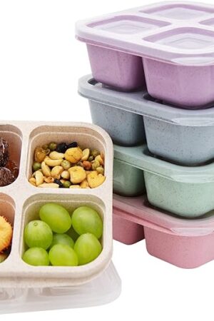 5 Pack Bento Lunch Box,4 Compartment Snack Containers,Divided Snack Box,Meal Prep Lunch Containers FOR Kids/Toddle/Adults,Food Storage Containers for School, Work and Travel