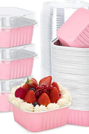 30Pack 5oz Pink Mini Cake Pans with Lids Baking Cups Aluminum Foil Pans Tins, Individual Dessert Cups Containers for Sales,Party,Picnics