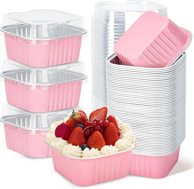 30Pack 5oz Pink Mini Cake Pans with Lids Baking Cups Aluminum Foil Pans Tins, Individual Dessert Cups Containers for Sales,Party,Picnics