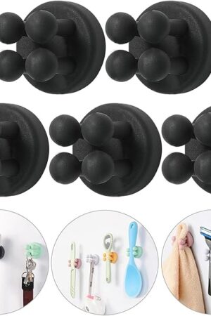 ZEZHOU Razor Holder for Shower Wall - 5Pcs Self Adhesive Silicone Toothbrush Holders Wall Mounted Multi-Function Cute Utility Hook for Hanging Towel for Bathroom Kitchen Living Room Office, Black