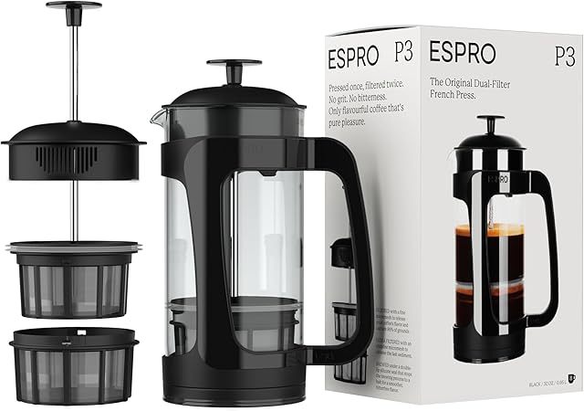 ESPRO - P3 French Press Coffee Maker – Patented Double Microfilter for Sludge and Grit Free Coffee, Black, 32 oz