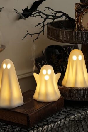[Timer]Light Up Ghost Halloween Decor, 3 Pack Ceramic Halloween Ghost Decorations Indoor, Ceramic White Ghost Figurines Ghost Statue Cute Ghost Sculpture Spooky Halloween Decor for Home Table Tray