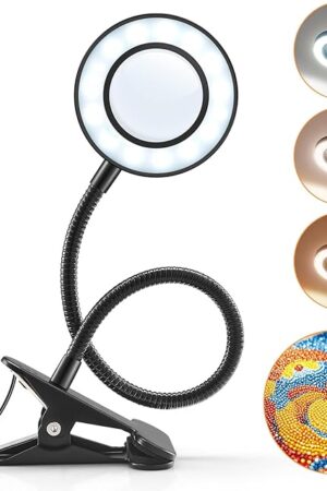 10X Lighted Magnifying Glass - 3 Colors & 10 Brightness Clip On Desk Lamp with Clamp Light - 1000 Lumen Hands Free Magnifier