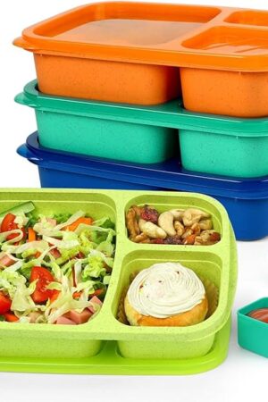 Caperci Bento Lunch Box Containers for Adults & Kids - 3-Compartment Reusable Meal Prep Containers with 2Pc Sauce Containers for School, Work, Travel, Wheat Straw, Set of 4 (Jewel Brights)
