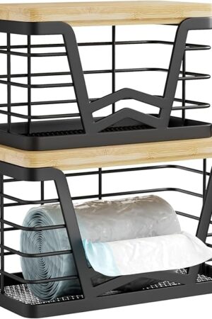 2 Pack Trash Bag Holder, Wall Mount Trash Bag Holder with Bamboo Top, Garbage Bag Dispenser Roll Holder, Pantry Organizers Wall Mounted Laundry Room Organization Storage, Black Small& Large