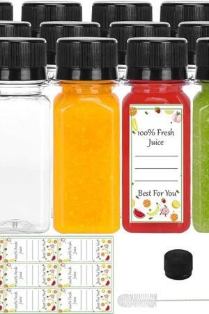 12PCS 2oz Small Plastic Juice Bottles with Lids Labels Small Funnels, Reusable Transparent Plastic Bottles Suitable for Ginger Juice and Other Beverages