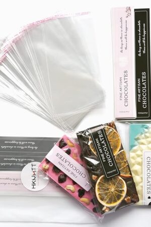 Chocolate Candy Bar Packaging Wrappers 190PCS SET With 100pcs 4"*7.8" Cellophane Clear Plastic Self Adhesive Bags and 90pcs Chocolate Stickers for DIY Chocolate Lover Small Batched Custom Sweets