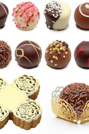 50pcs Truffle Wrappers Liners Cups Chocolate Paper Candy Cups Small Flared Paper Baking Cups Chocolate Packing Paper for Muffins Cupcakes Birthday Wedding Decor (Gold)