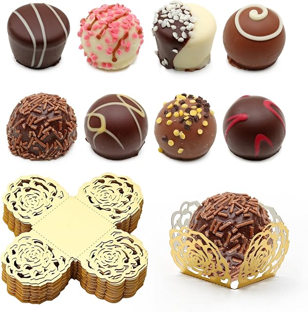 50pcs Truffle Wrappers Liners Cups Chocolate Paper Candy Cups Small Flared Paper Baking Cups Chocolate Packing Paper for Muffins Cupcakes Birthday Wedding Decor (Gold)