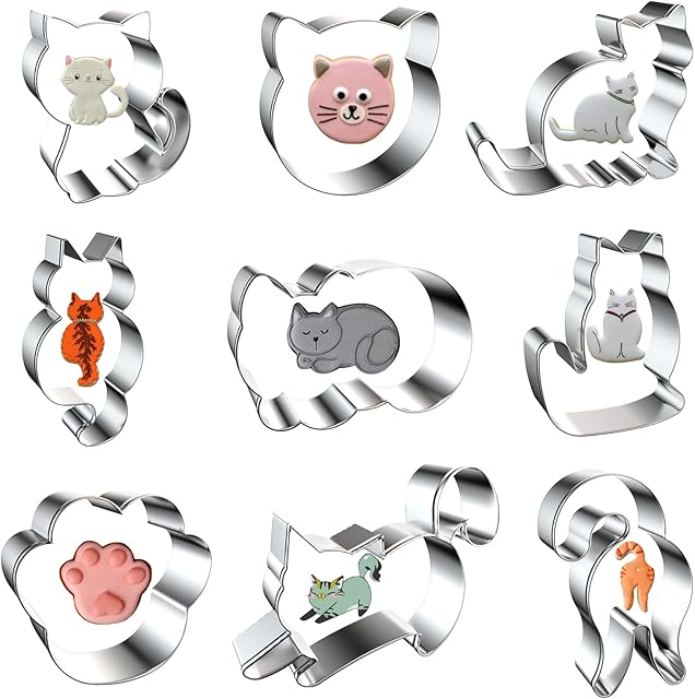 9 PCS Cat Cookie Cutters Set, Assorted Cat Shape Metal Cookie Cutters, Cat Face, Cat Butt, Cat Paw Cookie Cutters Molds for Baking Cat Party Supplies