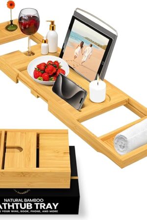 Bathtub Tray Caddy - Premium Bamboo Expandable Bath Tub Tray Table, Luxurious Wooden Bath Caddy for Books, Tablets, Wine, Bathroom Accessories, Spa Essentials, Housewarming, Wedding