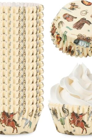 Whaline 300Pcs Western Cowboy Cupcake Liners Western Theme Paper Baking Cup Retro Wild West Cowboy Horse Muffin Liner Wrapper 2 x 1.2 Inch Cake Storage Container for Baby Shower Birthday Party