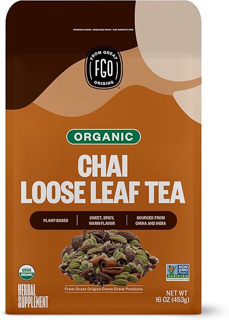 FGO Organic Chai Tea, 16 Ounce Loose Leaf Bulk Resealable Bag, Packaging May Vary (Pack of 1)