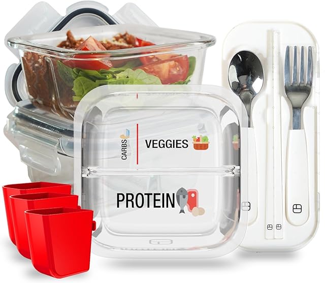 Portion Control Containers for Bariatric Meals – 8 oz Glass Meal Prep Containers with Two 4 oz Compartments and Lids (3 Pack), Reusable Bento Lunch Boxes