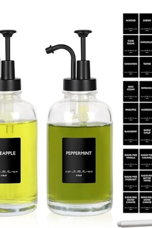 Coffee Syrup Dispenser 16.9 Oz 2 Pack, 500ml Glass Bottle with Black Pump for Coffee Bar, Includes 36 Stickers & Marker - Reusable Syrup Bottles