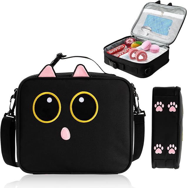 Black Cat Insulated Lunch Bag lonchera for Teen Girl Boy Kid Bento Box Reusable Large Capacity Portable Waterproof Leakproof with Name Tag to School Office Picnic Travel (1PCS Lunch Bag)