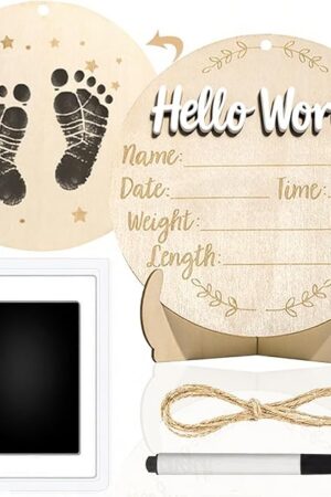 Baby Announcement Sign, 5.9 Inch Round Wooden Hello World Newborn Signs, Birth Announcement Sign: Equipped with Ink Pad Can Baby Handprints and Footprints for Photo Prop Hospital Nursery Gift