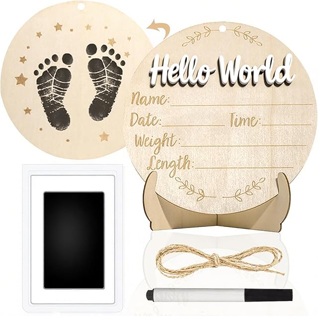 Baby Announcement Sign, 5.9 Inch Round Wooden Hello World Newborn Signs, Birth Announcement Sign: Equipped with Ink Pad Can Baby Handprints and Footprints for Photo Prop Hospital Nursery Gift