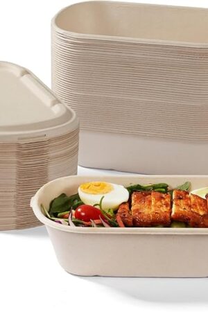 [100% Eco-Friendly] 34 oz Disposable Food Containers with Lids – Sugarcane Pulp Take Out Containers, Biodegradable Lunch Box, Compostable and Microwave Safe To-Go Boxes for Meal Prep – Pack of 50
