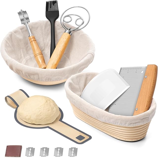 P&P CHEF Sourdough Bread Baking Supplies, 9? Round & 10? Oval Sourdough Proofing Baskets Starter Kit, Bread Making Tool Set with Cloth Liner Bread Lame Scraper Brush Dough Whisk