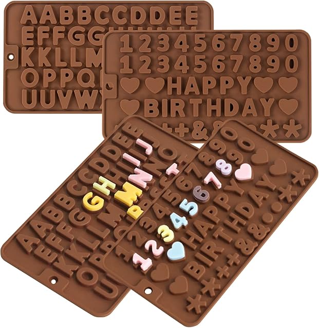4 PCS Silicone Chocolate Molds, Silicone Letter Molds and Number Chocolate Mold with Happy Birthday Cake Decorations Symbols, Candy & Chocol Mold for Cookie Ice Candy (4 Letter Moulds)