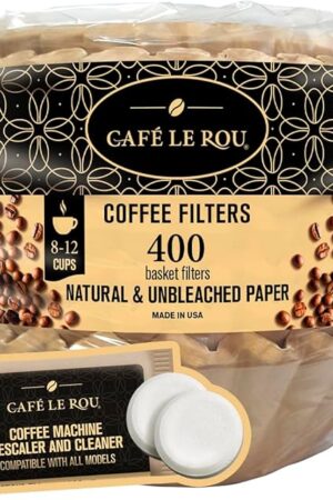 "NEW" - Café Le Rou Paper Coffee Filters, 400 Count, Biodegradable, Natural Fibers 8-12 Cups - Includes Coffee Machine Descaler-Cleaner Tablets Made in the USA