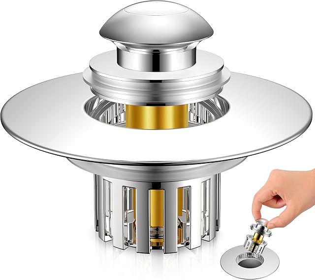 Bathtub Drain Stopper 3 in 1, 304 Stainless Steel Pop Up Tub Stopper, Anti-Clogging Bathtub Drain Hair Catcher for US Standard Bathtub Drain (Chrome Plated)