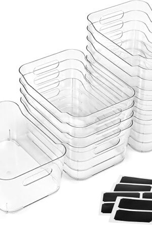 12 PACK Multi-Use Clear Plastic Storage Bins for Organizing w/ Labels - Home, Kitchen, Bathroom, Office, Pantry Cabinet Shelf Organizer Bins - SOHO Collection, RV, Fridge Organization Containers