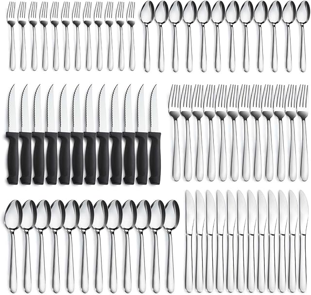 Pleafind 72-Pieces Silverware Set for 12, Flatware Set with Steak Knives, Stainless Steel Cutlery Set, Include Forks Spoons and Knives Set, Dishwasher Safe Utensil Sets for Home Restaurant