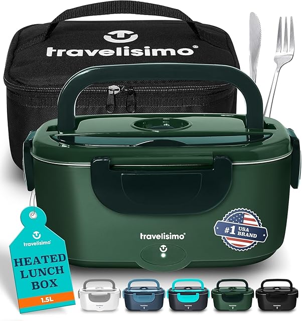 Electric Lunch Box for Adults, 80W Heated Lunch Box 1.5L Stainless Steel Portable Food Warmer, 12/24/110V Lonchera Eléctrica Portátil for Travel & Work, Loncheras para Hombres de Trabajo