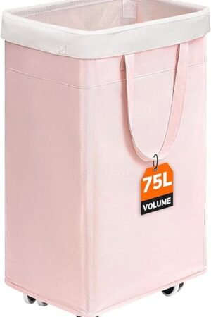 CHICVITA Slim Laundry Hamper with Wheels 75L, Collapsible Rolling Laundry Basket for Living Room, Pink Laundry Hamper for College Dorm